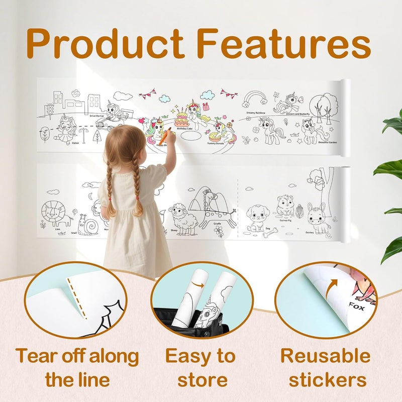 Y plus+ Children Drawing Roll, Coloring Paper Roll for Kids, 120 x 11.8 Inch Sticky DIY Painting Drawing Paper Rolls for Toddler, Kids' Gift, Party Activities, Wall Coloring Paper Stickers - Unicorn - Image 5